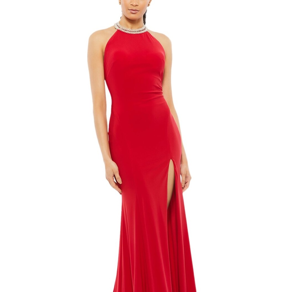 Mac Duggal Red Beaded Halter Jersey Formal Dress/Gown